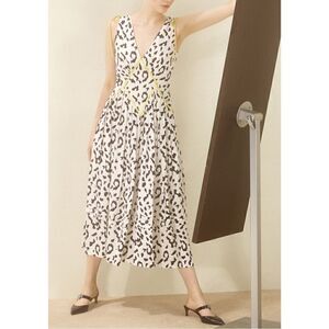 Self Portrait Embroidered Leopard Print Satin Jacquard Pleated Midi Dress Sz 4